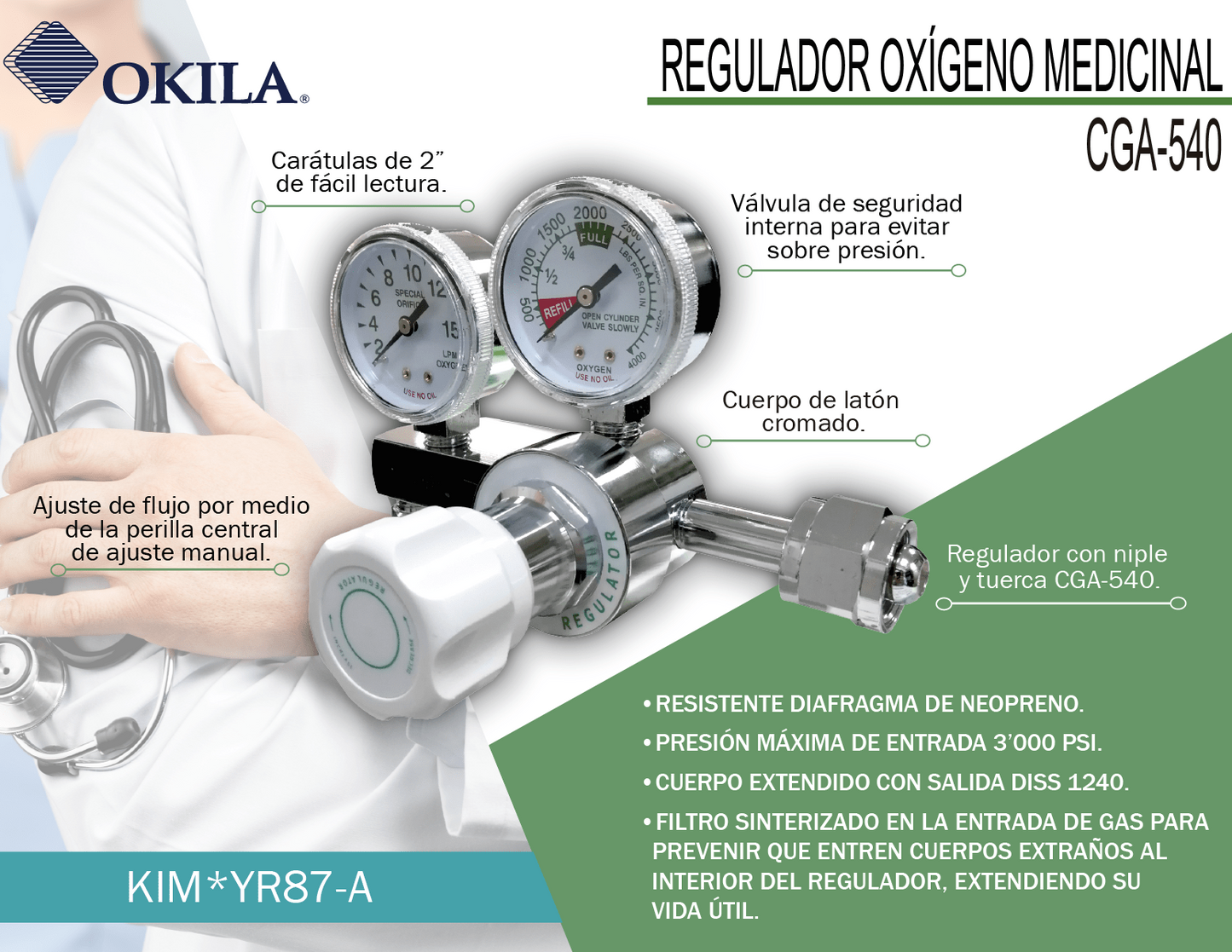 Regulador para tanque de oxígeno, CGA540, modelo YR87A, marca Okila