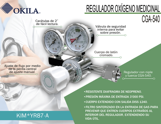 Regulador para tanque de oxígeno, CGA540, modelo YR87A, marca Okila